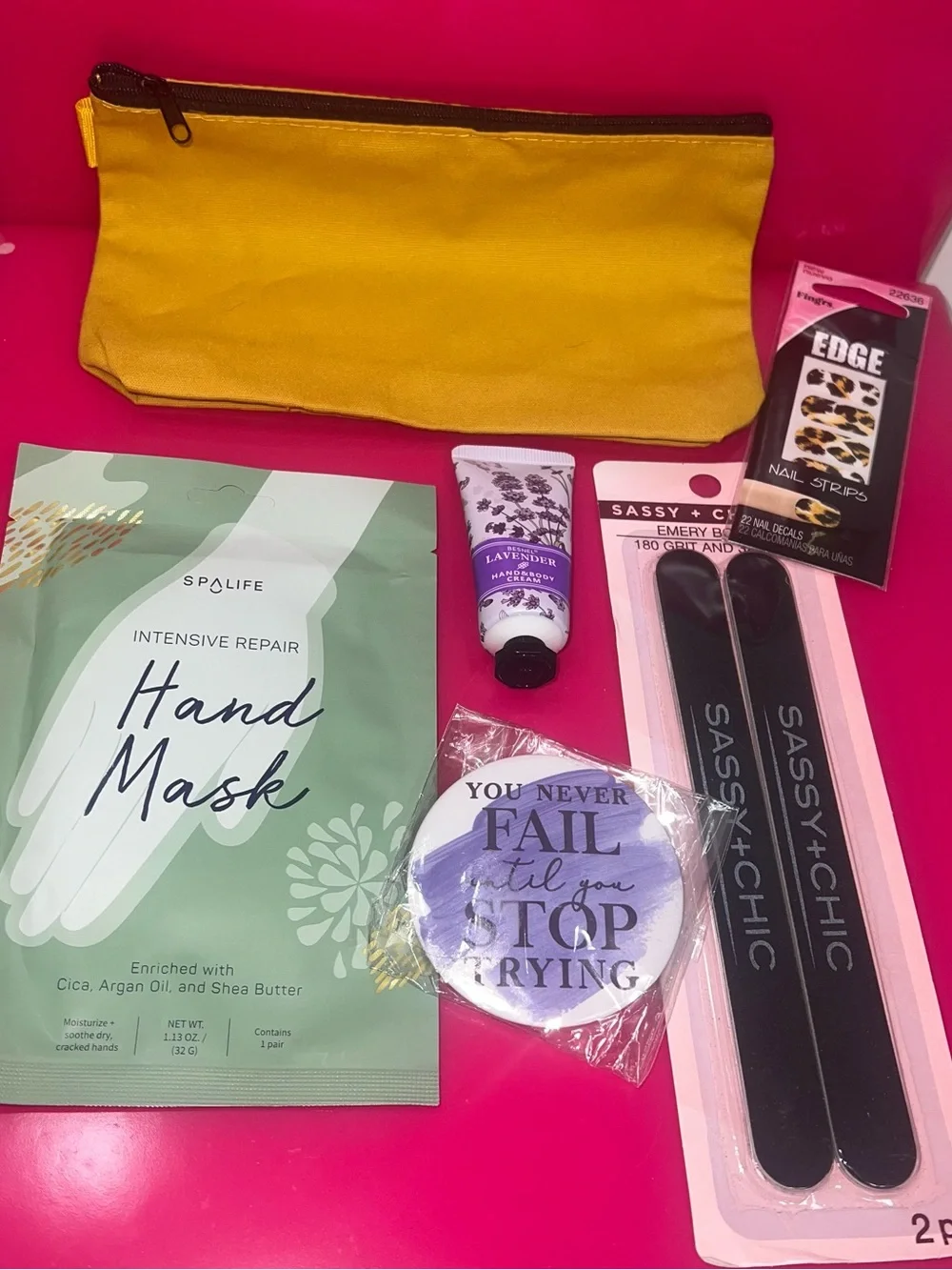Yellow Canvas Cosmetic Pouch with Hand Care Bundle & Small Mirror